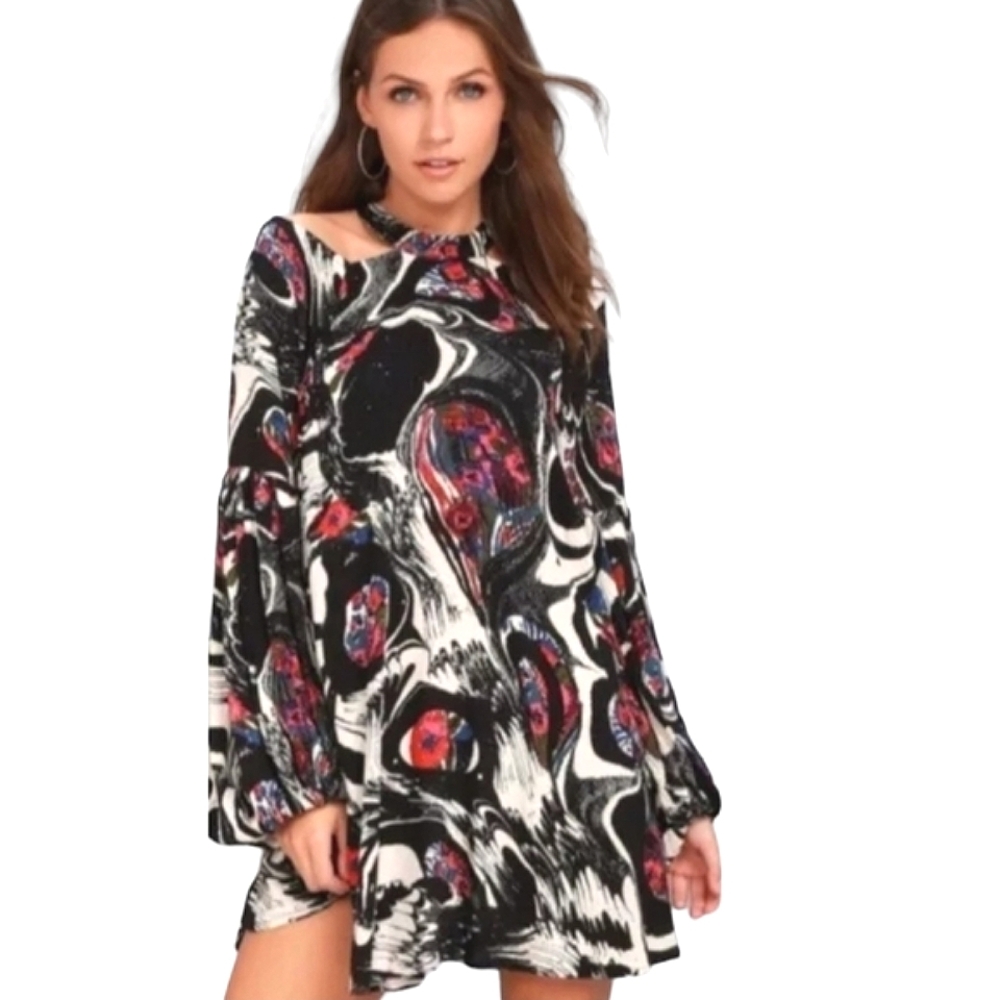 Free People Womens Drift Away Black Abstract Print Open Shoulder Tunic Dress M - Picture 1 of 15